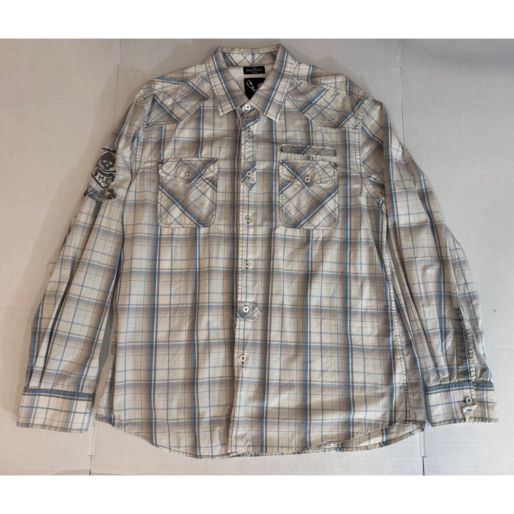 Marc Ecko Cut & Sew Plaid Button Up Long Sleeve Shirt XL Y2K Skull Embroidered